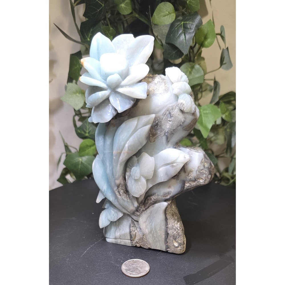 Blue Quartzite Flower Sculpture, Carved Metamorphic Rock, 6.5 x 3-Inch